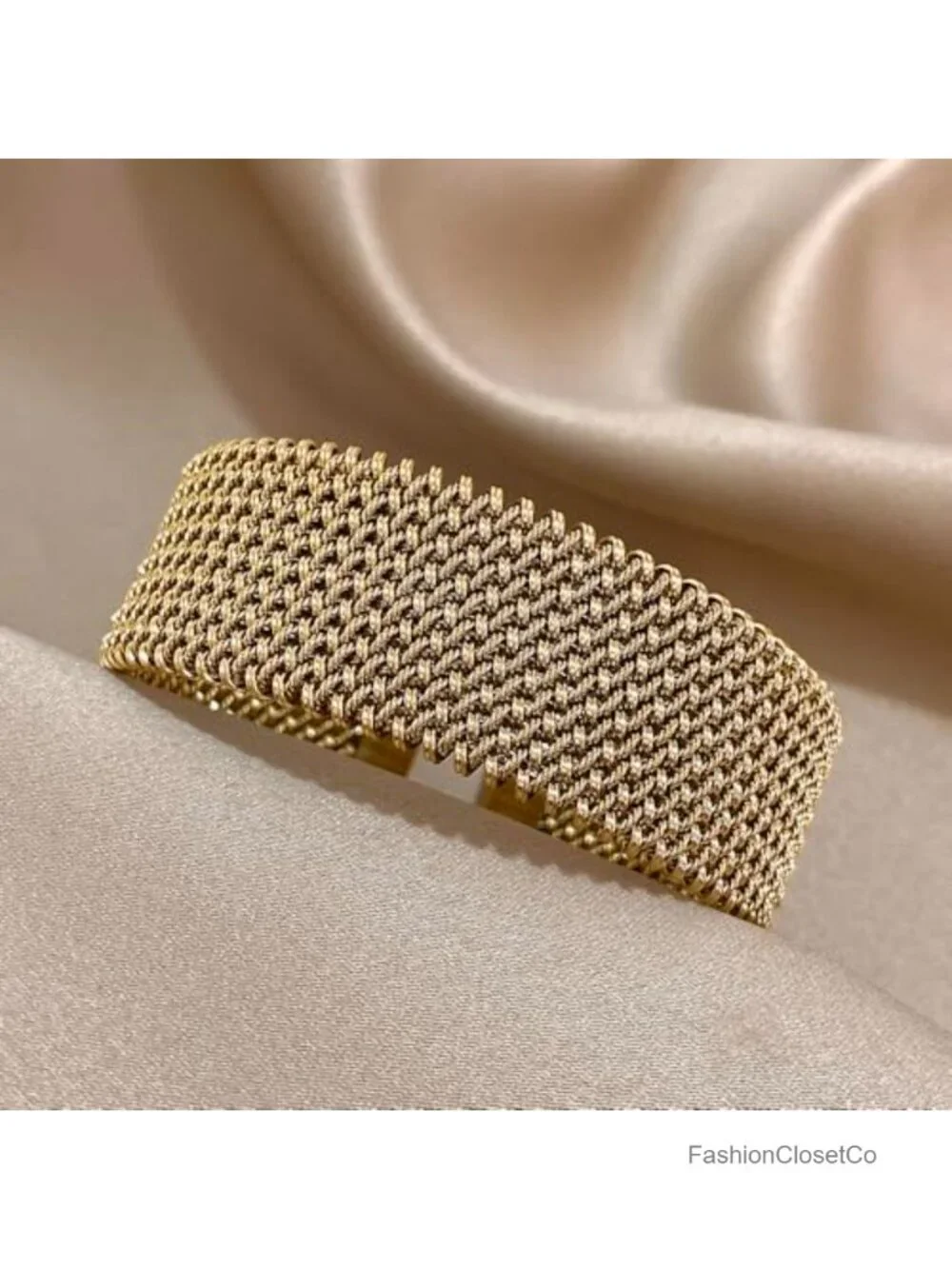Gold Open Cuff Bangles Wide Woven Bracelet Stainless Steel Stackable Jewelry